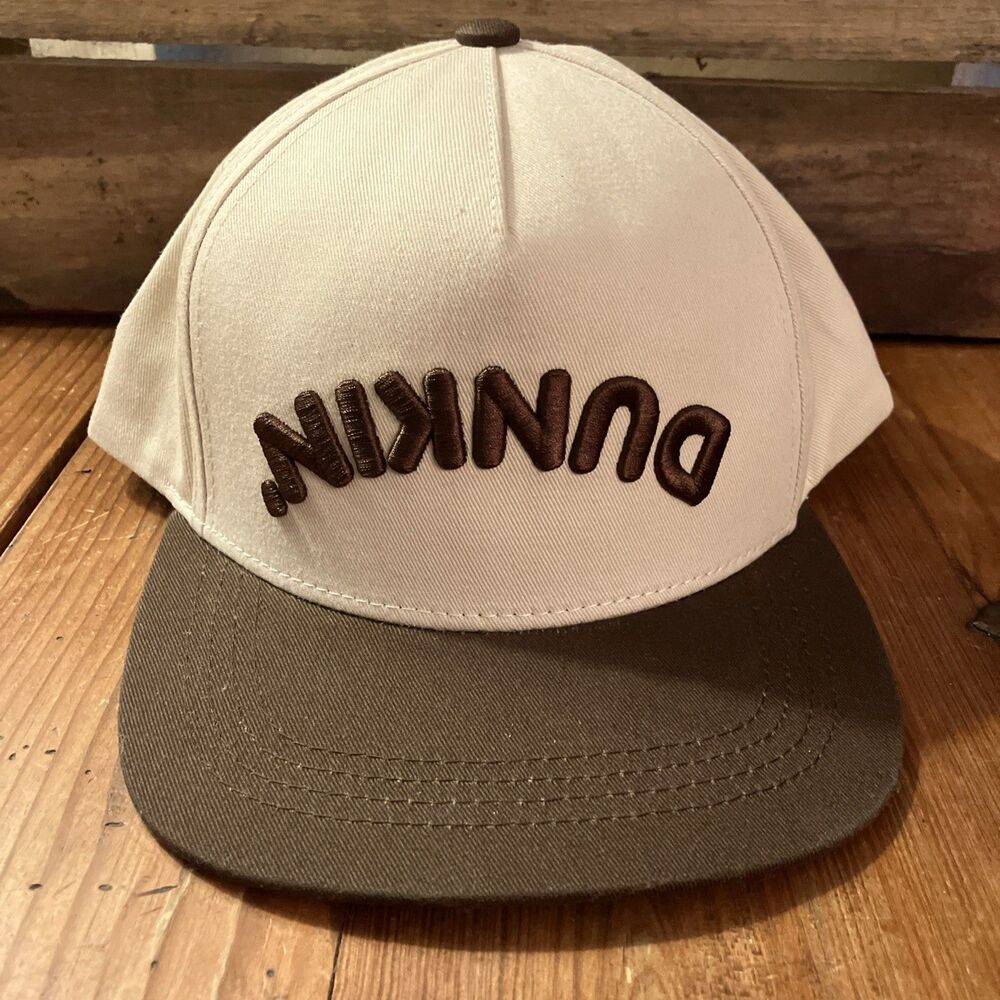 NEW! Dunkin Donuts Snapback Cap Upside-Down Stitched Logo EST. 1950 Brown/Beige